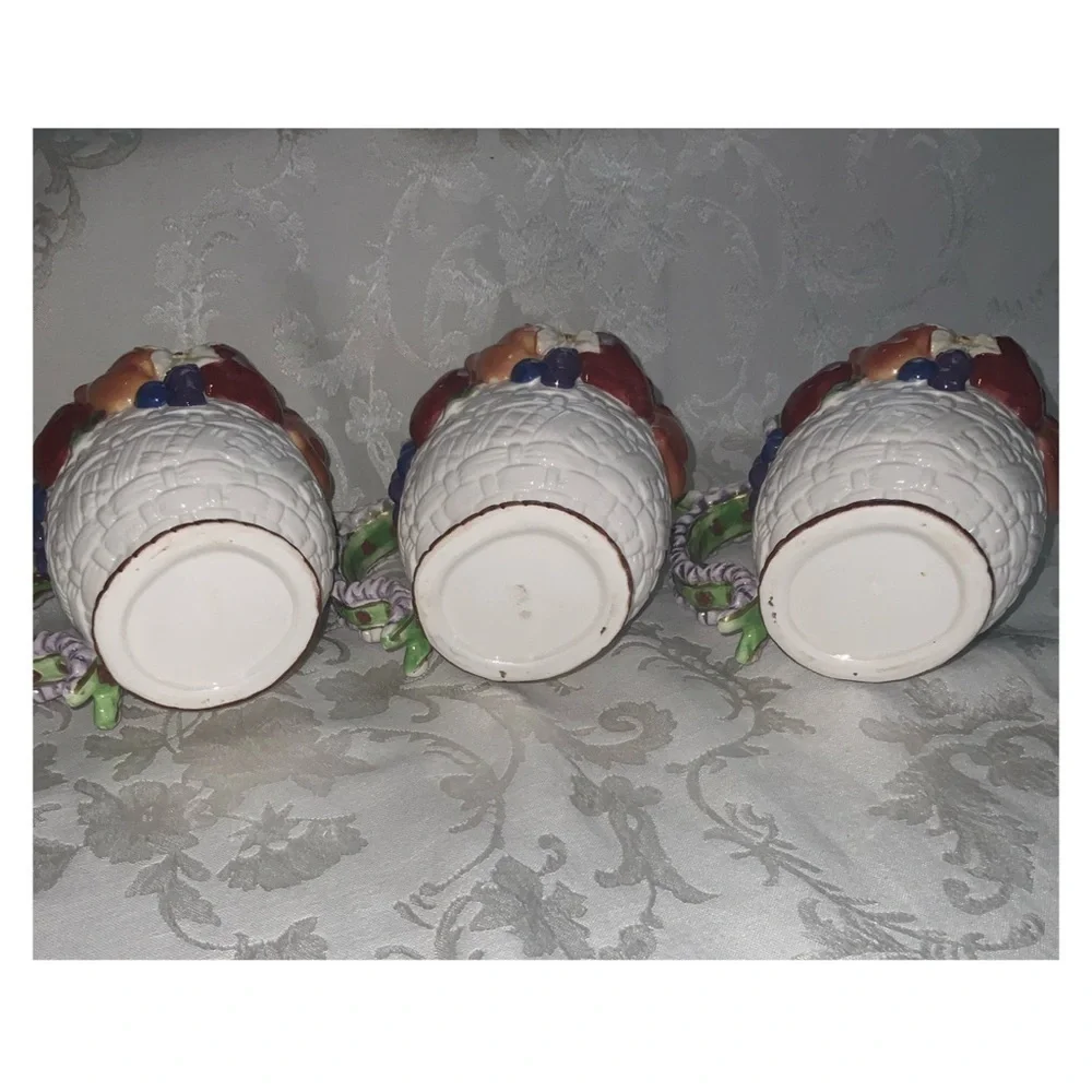 Tea For 3~Vintage 1970’s Colorful Fruit In A Basket~Ceramic Tea Pot & Three Cups